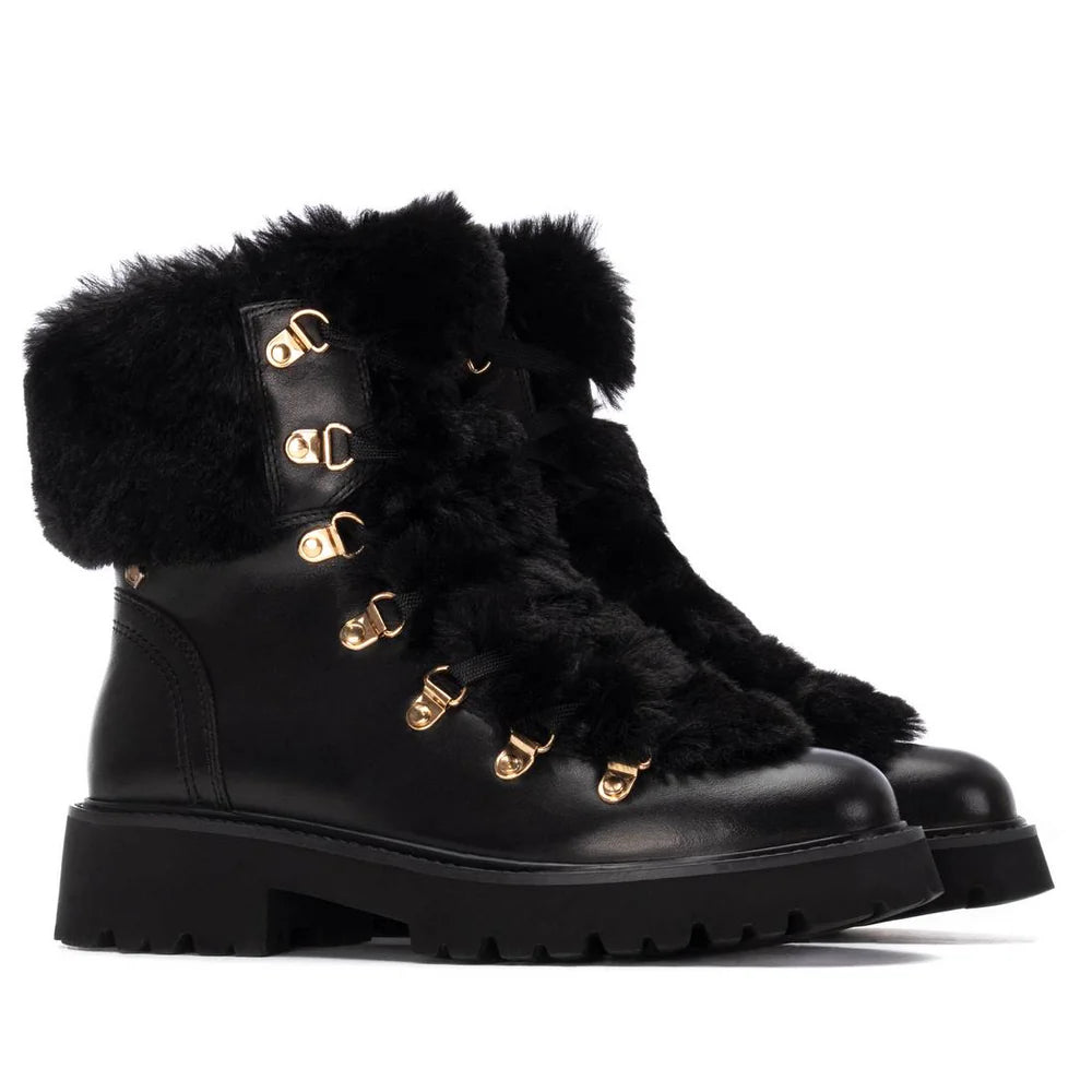 Botim em pele e pelinho com fechos e cordões Carmela