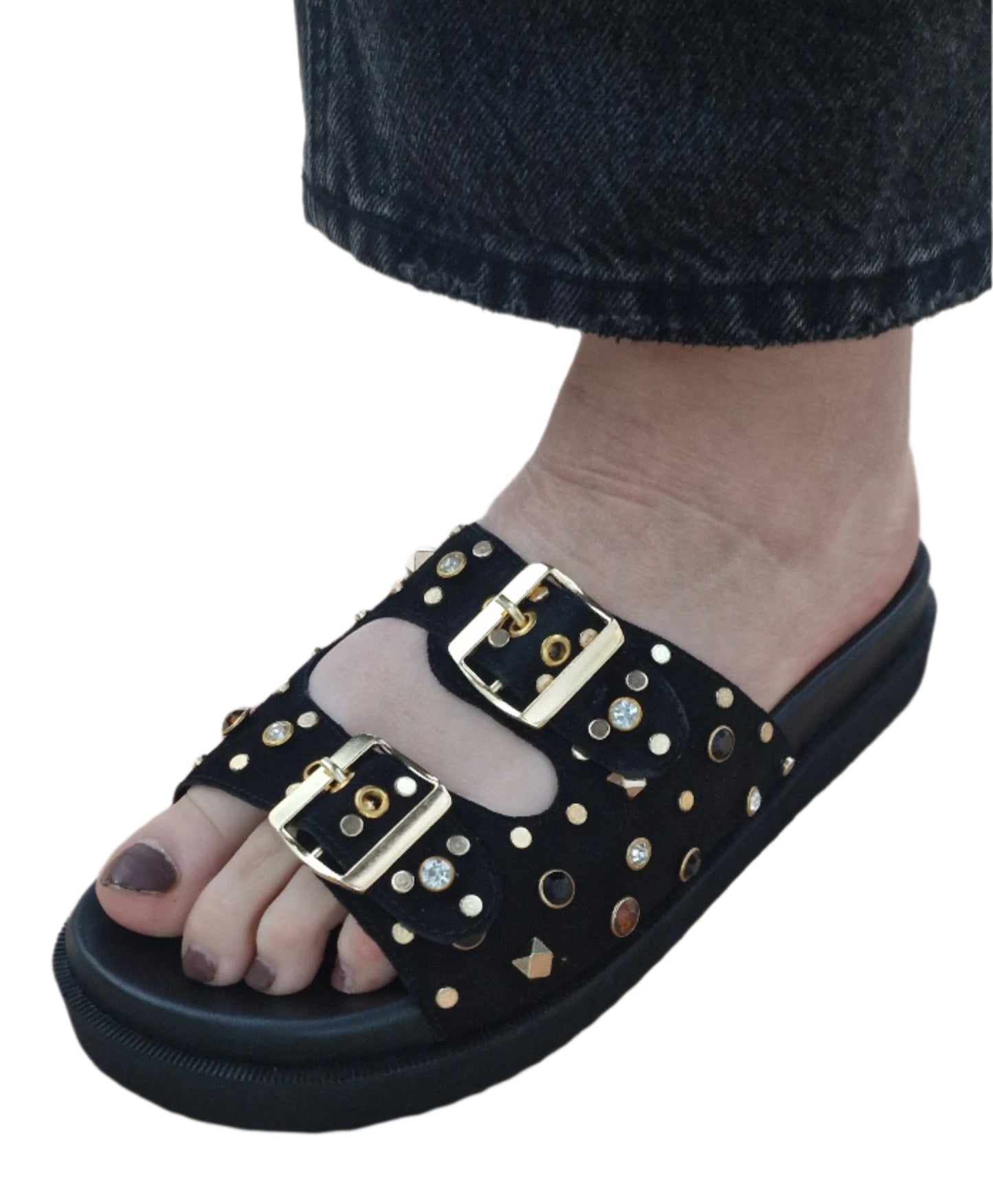 Chinelo Plataforma Tachas Negro Carmela