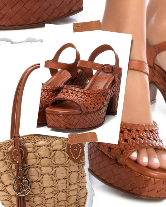 Sandália compensada pele entrançada Carmela