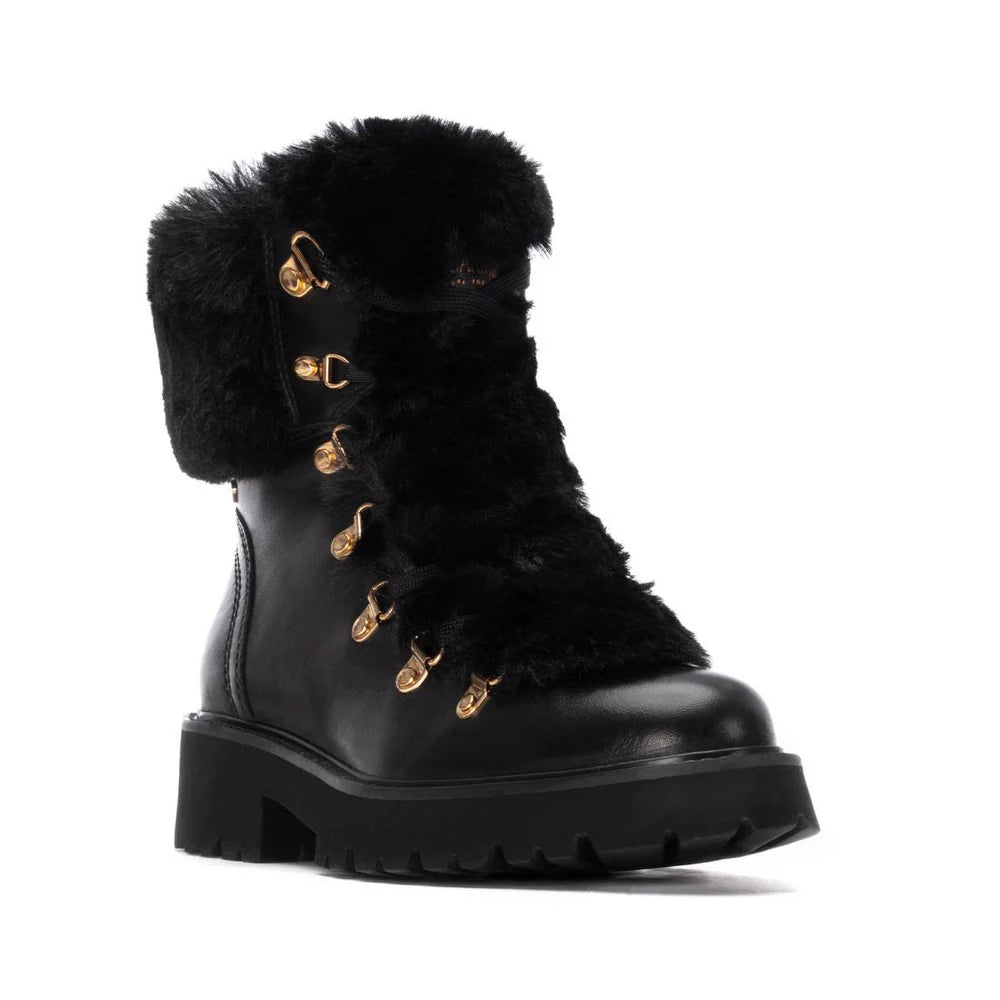 Botim em pele e pelinho com fechos e cordões Carmela